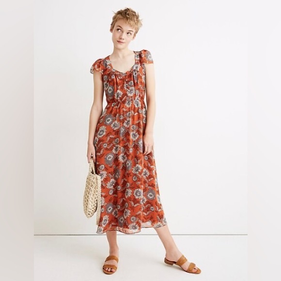 Madewell Dresses & Skirts - Madewell Terracotta Floral Short Flutter Sleeve Scoop Neck Midi Dress Size 6